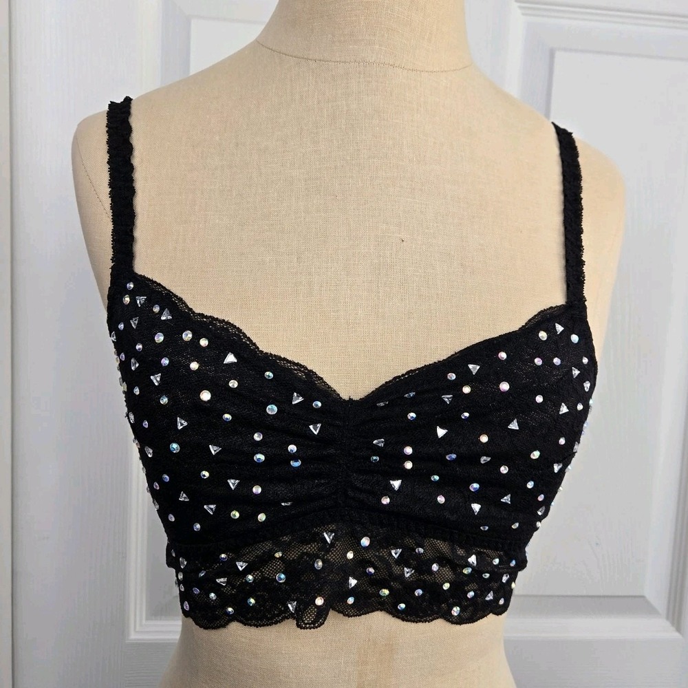 Victoria's Secret PInk Rhinestone‎ Embellished Ruched Lace Bralette Bra  Size S